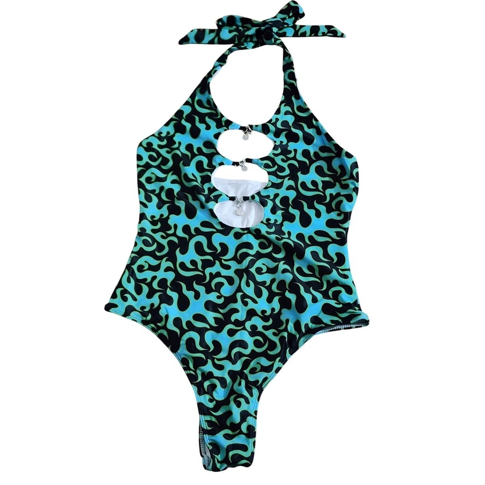 iHeartRaves Teal Black Flame Cut Out Halter Bodysuit One Piece Medium